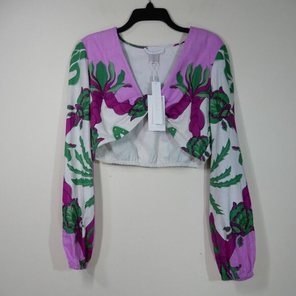 Caroline Constas Twist Front Crop Top & Midi Skirt SET L Linen Blend Floral NEW - Picture 6 of 14